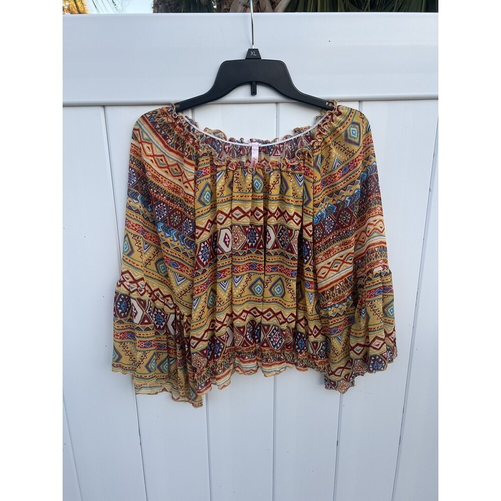 J Mode Womens Boho Festival Top Bell Sleeve Tribal Print Multicolor Sz Small**